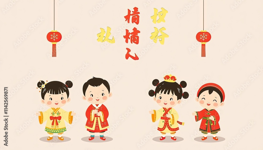 Children Celebrating Chinese New Year - New Year Greeting Card with Children - Chinese Children on Wall - Children in Cheongsam Children Celebrating Chinese New Year - New Year Greeting Card with Children - Chinese Children on Wall - Children in Cheongsam