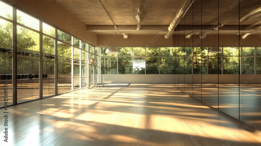 A modern dance studio with mirrored walls, natural wooden floors, and sunlight streaming through large windows, highlighting the elegant reflections. A modern dance studio with mirrored walls, natural wooden floors, and sunlight streaming through large windows, highlighting the elegant reflections.