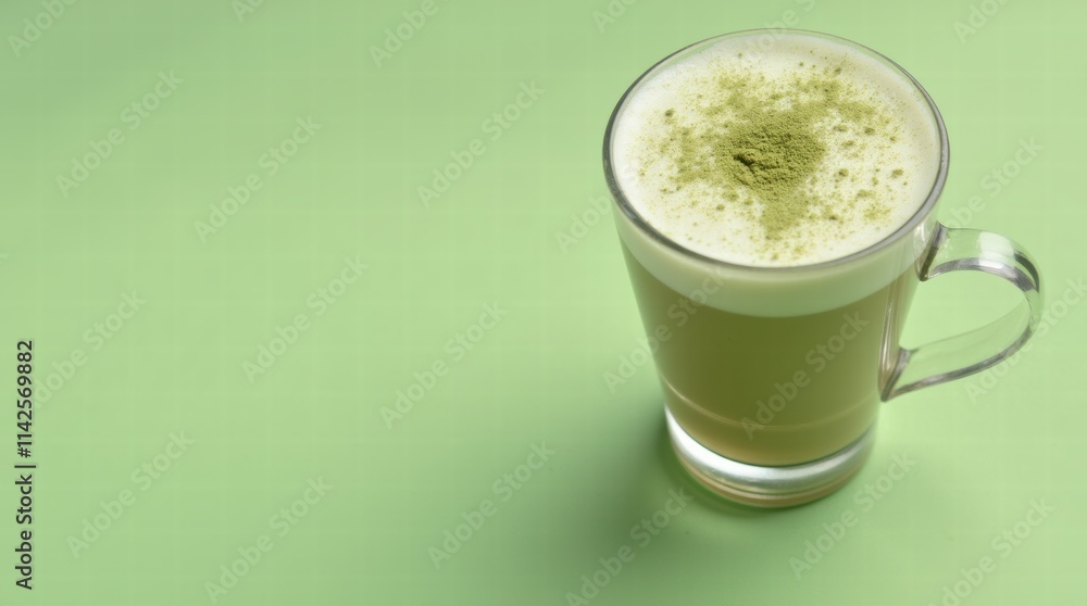 Vibrant green matcha latte with a matcha powder on top on a pastel green background Vibrant green matcha latte with a matcha powder on top on a pastel green background