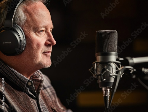 Podcast recording session with narrator studio portrait sound environment close-up view creative process