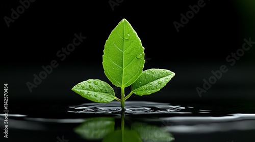 New Beginnings: A delicate sprout emerges from the water, its vibrant green leaves reaching for the light, symbolizing growth, resilience, and the promise of a fresh start. photo