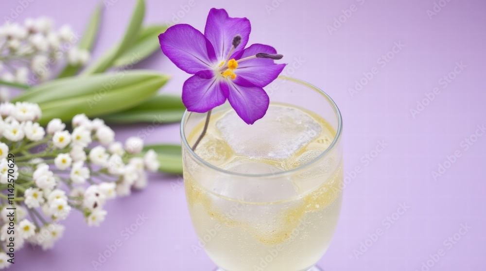 A glass of sparkling elderflower drink with a flower on top on a pastel lilac background A glass of sparkling elderflower drink with a flower on top on a pastel lilac background