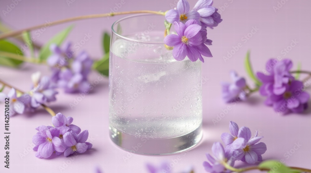 A glass of sparkling elderflower drink with a flower on top on a pastel lilac background A glass of sparkling elderflower drink with a flower on top on a pastel lilac background