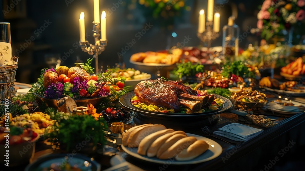 Lavish medieval-style feast on a long table, featuring roasted meat, various side dishes, bread, candles, and flowers. Lavish medieval-style feast on a long table, featuring roasted meat, various side dishes, bread, candles, and flowers.