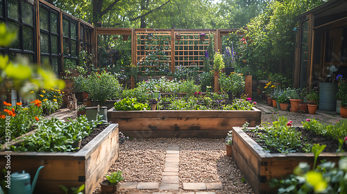 Obraz na plátně Flourishing kitchen garden with antique stone planters filled with herbs soilcov