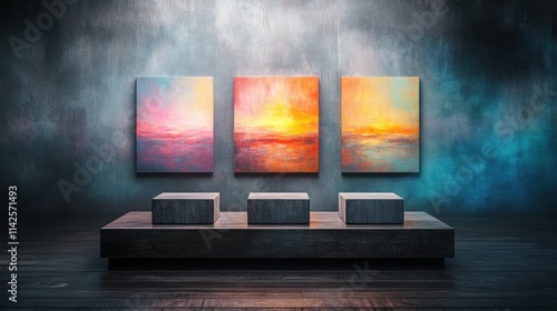 A modern art gallery showcasing three vibrant abstract paintings on the wall above a sleek bench, This image can be used for websites, brochures, or articles related to art, interior design photo