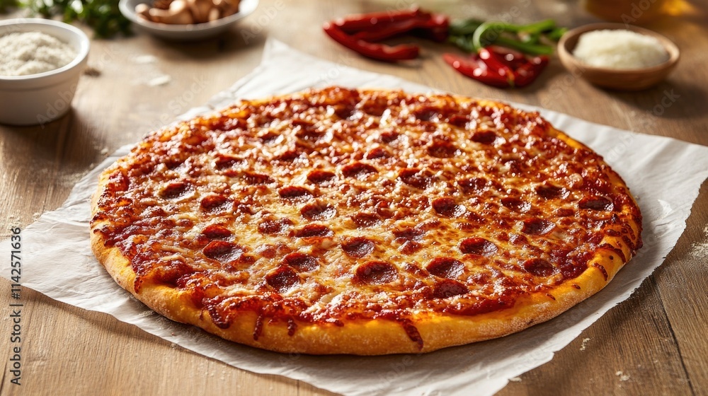 Delicious pepperoni pizza on rustic wooden table with ingredients Delicious pepperoni pizza on rustic wooden table with ingredients