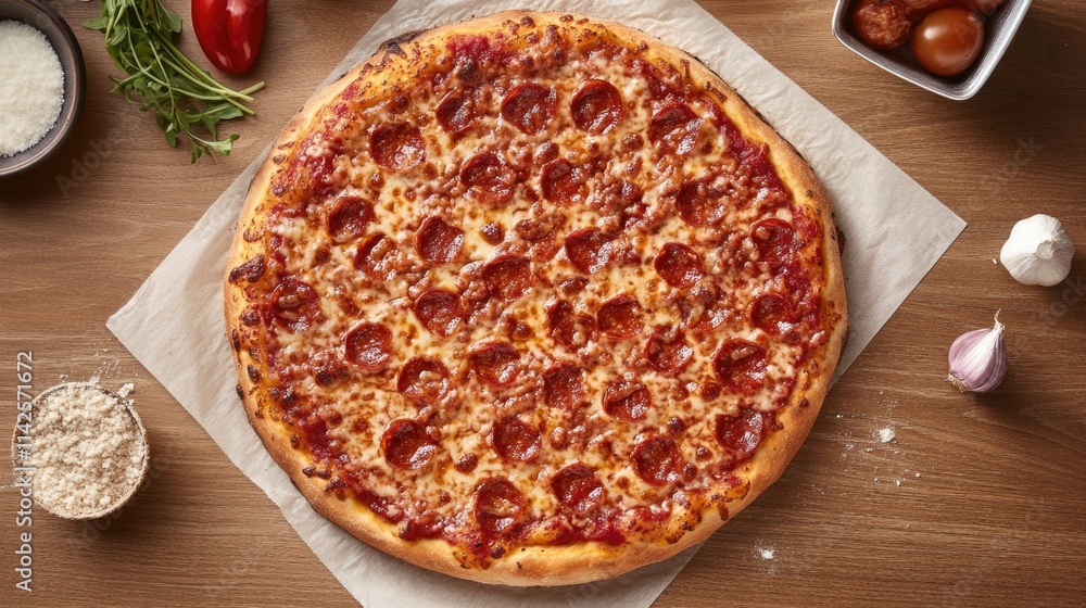Delicious pepperoni pizza on wooden table with ingredients Delicious pepperoni pizza on wooden table with ingredients