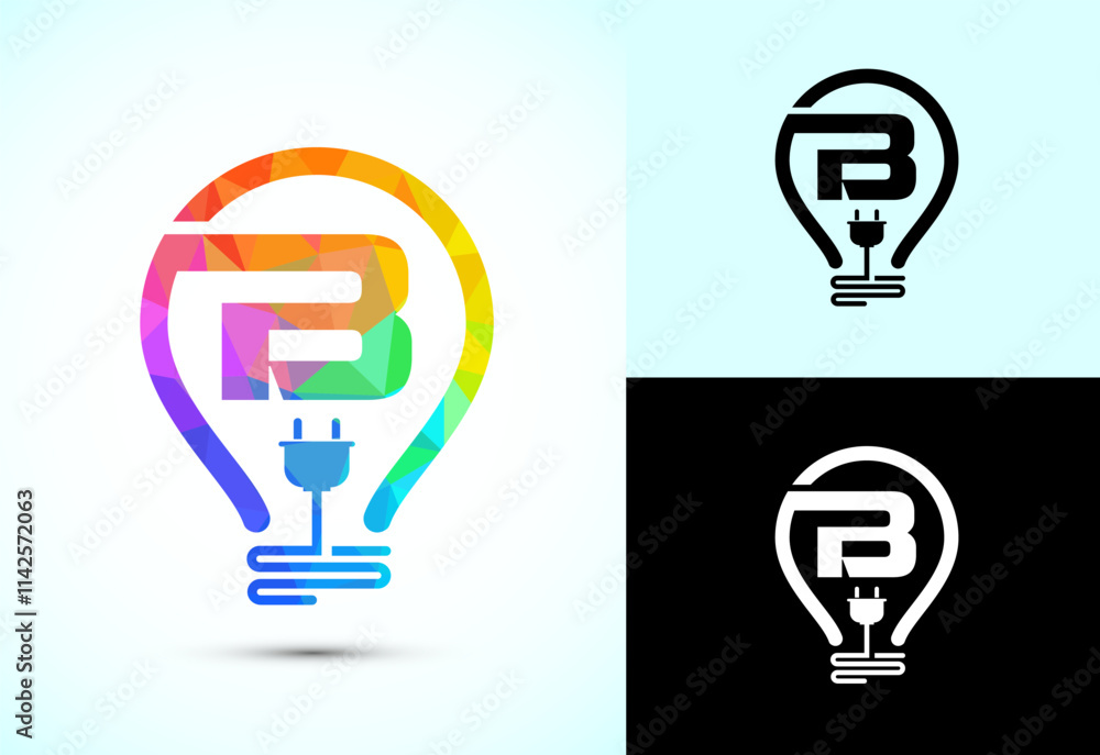 Initial alphabet B with an electric bulb and plug. Electricity logo design template low poly style Initial alphabet B with an electric bulb and plug. Electricity logo design template low poly style