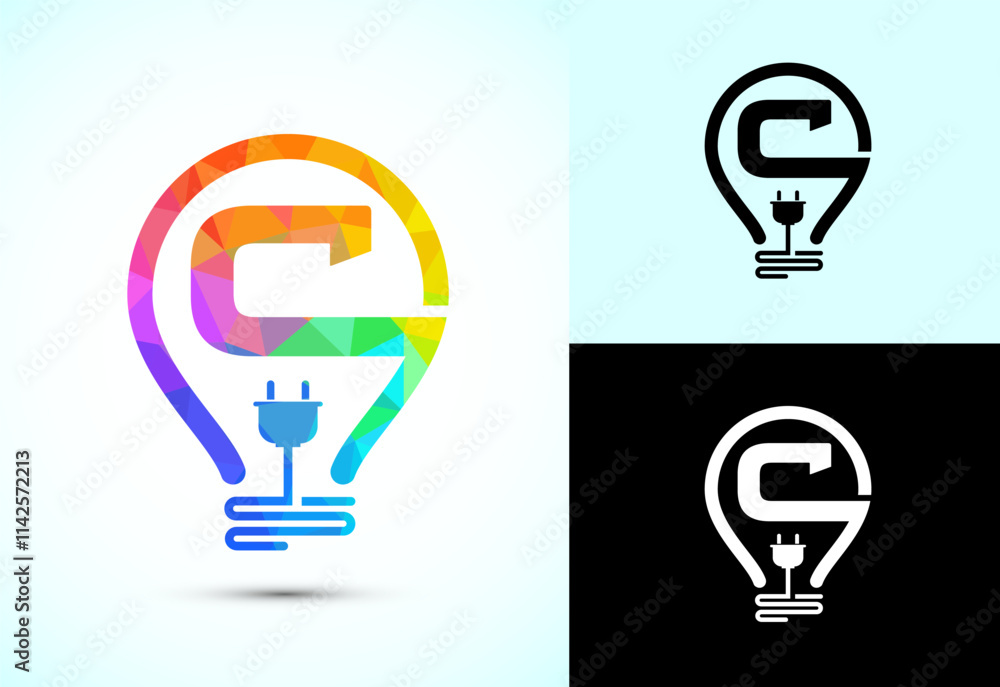 Initial alphabet C with an electric bulb and plug. Electricity logo design template low poly style