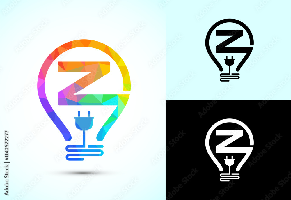 Initial alphabet Z with an electric bulb and plug. Electricity logo design template low poly style Initial alphabet Z with an electric bulb and plug. Electricity logo design template low poly style