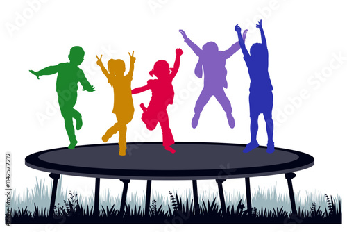 Children silhouettes. Boys and girl jump on a trampoline. Vector illustration.