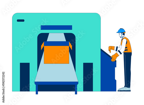 Hardhat worker operating industrial packaging machine 2D cartoon character. Engineer inspecting packing box conveyor system isolated person flat vector on white background. Spot illustration colorful