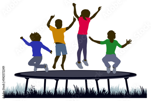 Children silhouettes. Boys and girl jump on a trampoline. Vector illustration.