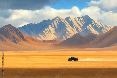 Vintage Tractor Driving Across Golden Plains with Majestic Mountains in the Background Under Dramatic Cloudy Sky