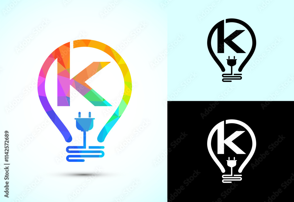 Initial alphabet K with an electric bulb and plug. Electricity logo design template low poly style