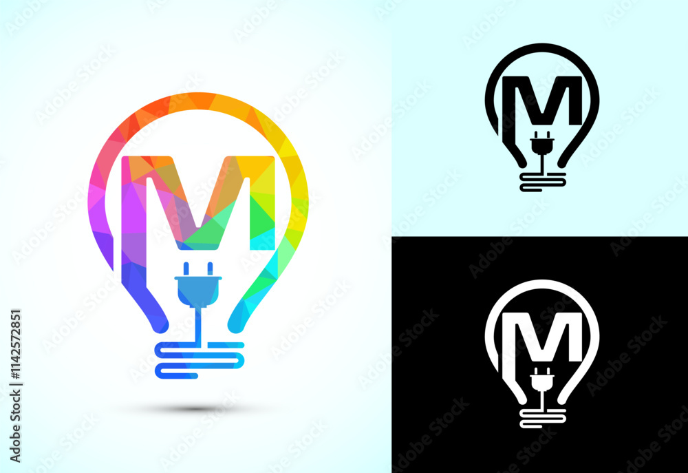 Initial alphabet M with an electric bulb and plug. Electricity logo design template low poly style Initial alphabet M with an electric bulb and plug. Electricity logo design template low poly style