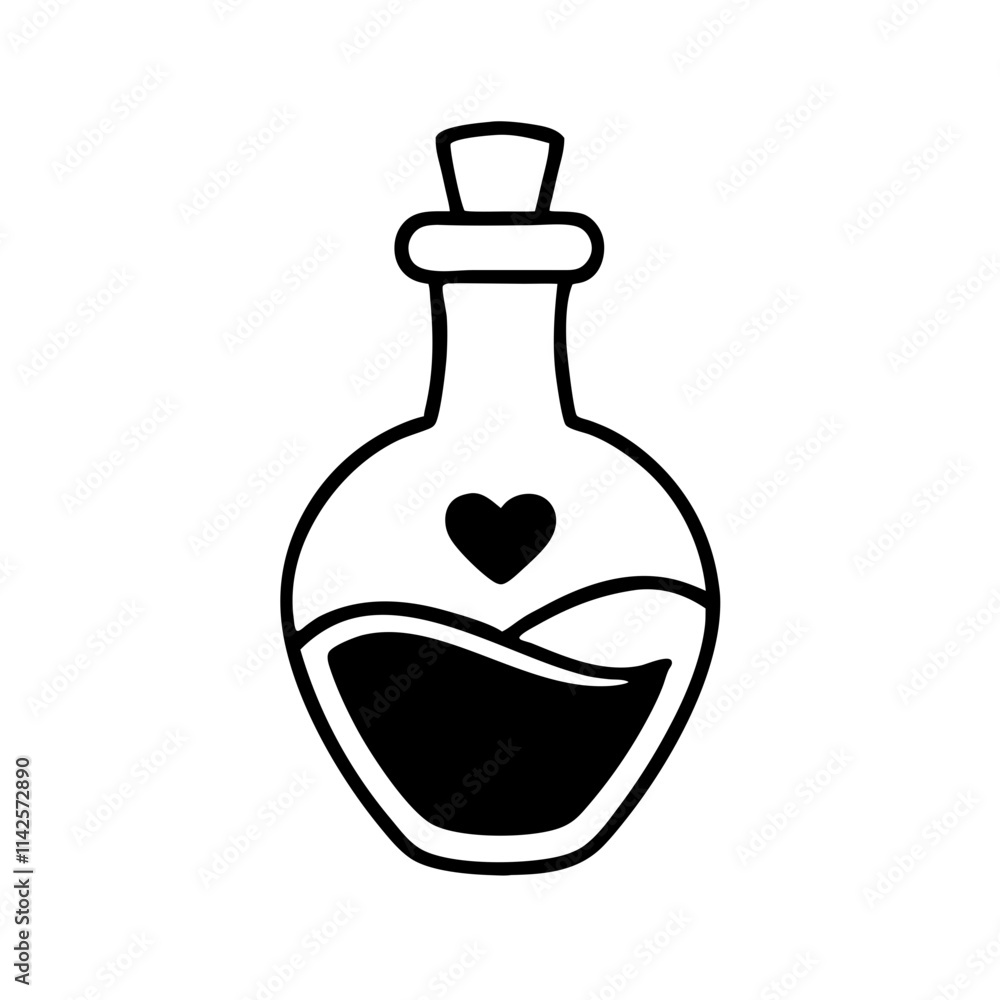 Love potion bottle with a heart label and vivid liquid, symbolizing romance and affection in a charming design Love potion bottle with a heart label and vivid liquid, symbolizing romance and affection in a charming design