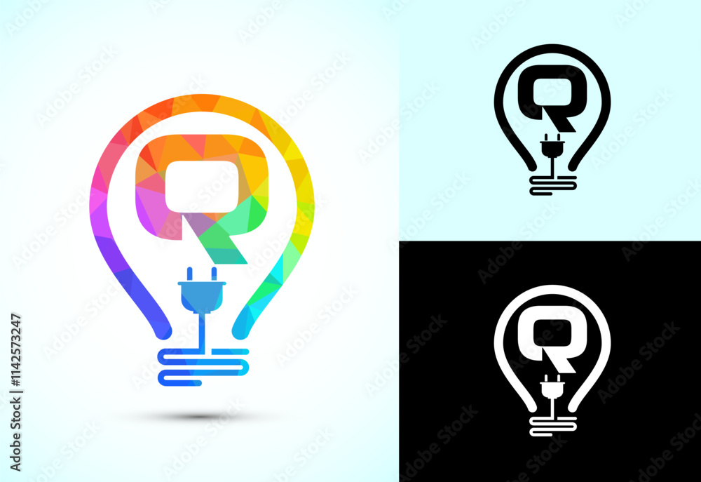 Initial alphabet Q with an electric bulb and plug. Electricity logo design template low poly style Initial alphabet Q with an electric bulb and plug. Electricity logo design template low poly style
