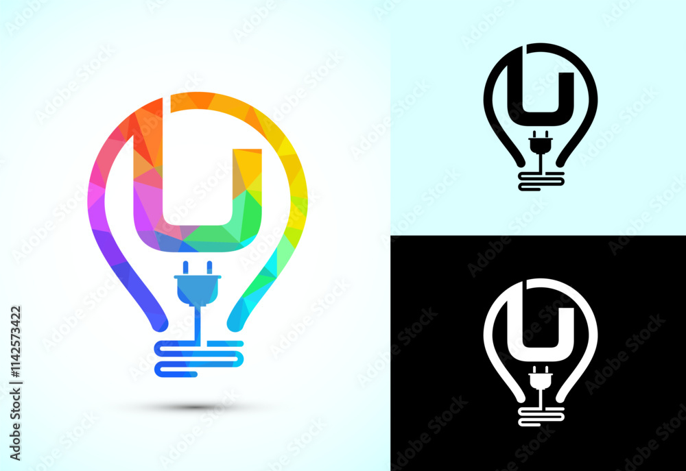 Initial alphabet U with an electric bulb and plug. Electricity logo design template low poly style Initial alphabet U with an electric bulb and plug. Electricity logo design template low poly style