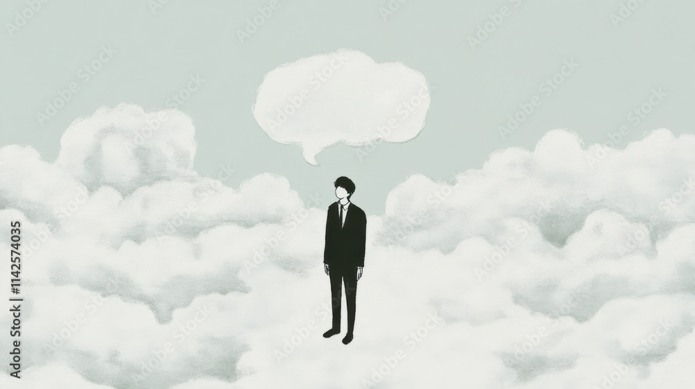 A male figure in a suit stands amidst fluffy clouds, symbolizing introspection and creativity. A male figure in a suit stands amidst fluffy clouds, symbolizing introspection and creativity.
