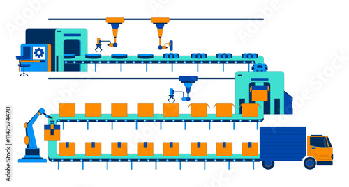 Gears production warehouse conveyor belt 2D illustration concept. Parts cogwheels automation factory industrial equipment cartoon scene isolated on white. Metaphor abstract flat vector graphic