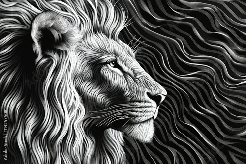 Majestic lion profile portrait in monochrome, stylized with flowing lines, creating a powerful and elegant image.