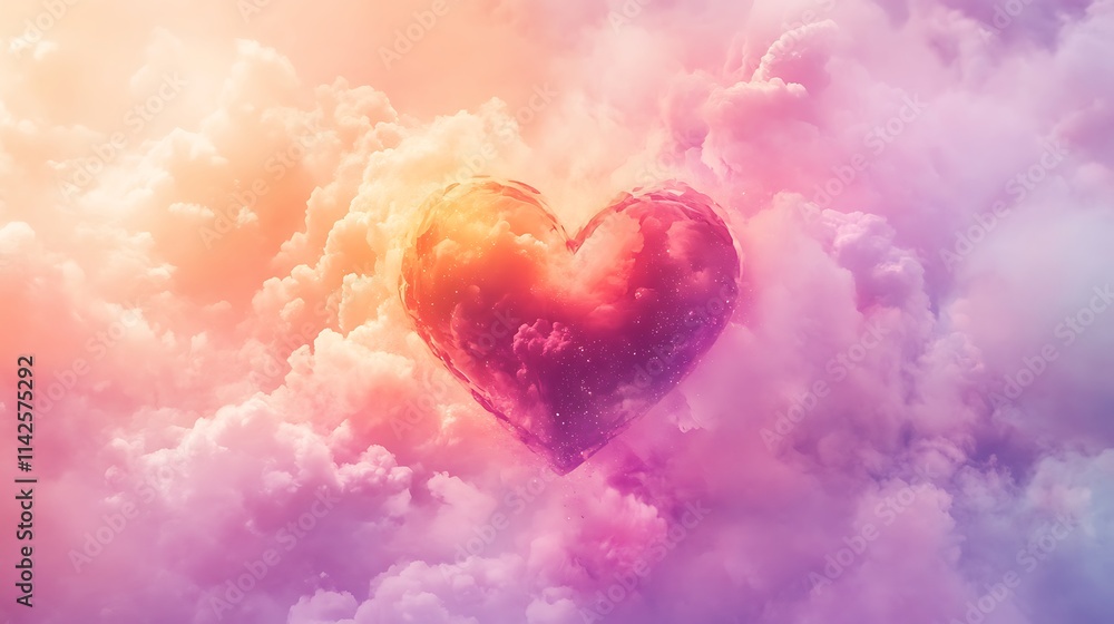 A vibrant Valentine-themed heart floating in soft pink and lavender clouds, creating a dreamy and abstract background A vibrant Valentine-themed heart floating in soft pink and lavender clouds, creating a dreamy and abstract background