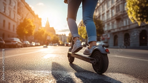 Woman riding electric scooter in city street at sunset