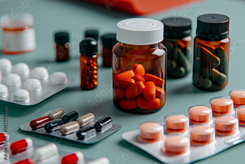 A variety of pills are displayed on a table, including some in a bottle