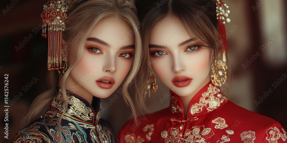 Radiant in Red: Two elegant women, adorned in exquisite traditional Chinese Qipao dresses and ornate jewelry, share a captivating gaze. Their beauty and poise create a timeless and enchanting image. Radiant in Red: Two elegant women, adorned in exquisite traditional Chinese Qipao dresses and ornate jewelry, share a captivating gaze. Their beauty and poise create a timeless and enchanting image.
