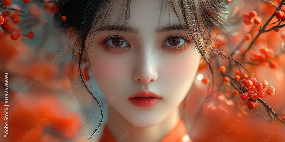 Autumn Enchantress: A captivating portrait of a young woman, framed by vibrant red berries, evokes a sense of autumnal beauty and serene mystery. Autumn Enchantress: A captivating portrait of a young woman, framed by vibrant red berries, evokes a sense of autumnal beauty and serene mystery.