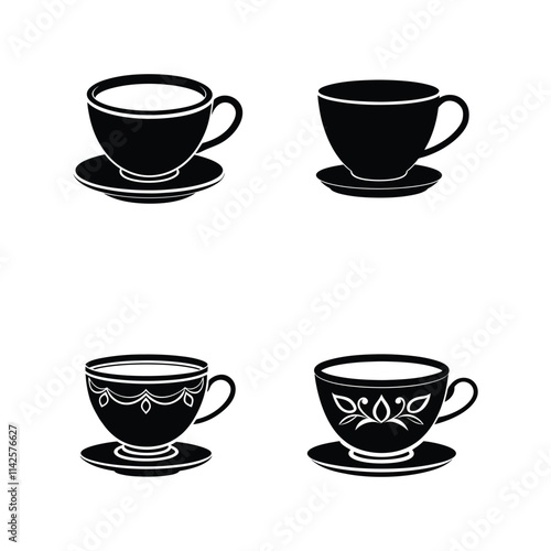 Four Black and White Decorative Teacup Silhouettes