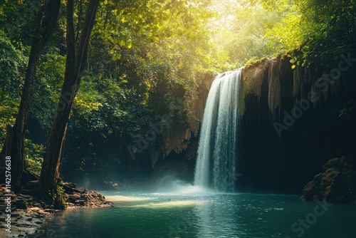 Waterfall cascading down lush green forest surrounded by tropical vegetation
