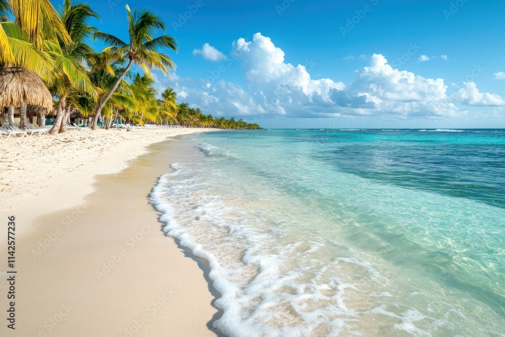 Obraz premium Panoramic view of a tropical beach with turquoise water, white sand, and palm trees under a bright blue sky