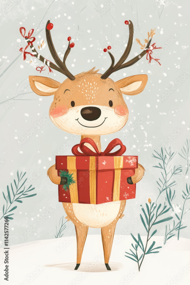 Fototapeta premium Acrylic colour painting of cute Christmas reindeer holding gift box over falling snow winter background, Happy new year and merry Christmas concept, illustration poster