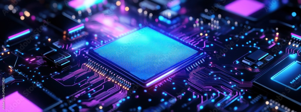 A close-up view of a modern microchip with glowing circuitry and vibrant colors. A close-up view of a modern microchip with glowing circuitry and vibrant colors.