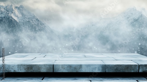 Wallpaper Mural A flat stone surface overlooks a misty mountain scene, creating a serene and atmospheric backdrop, Ideal for presentations, product displays, or nature-related content, Torontodigital.ca