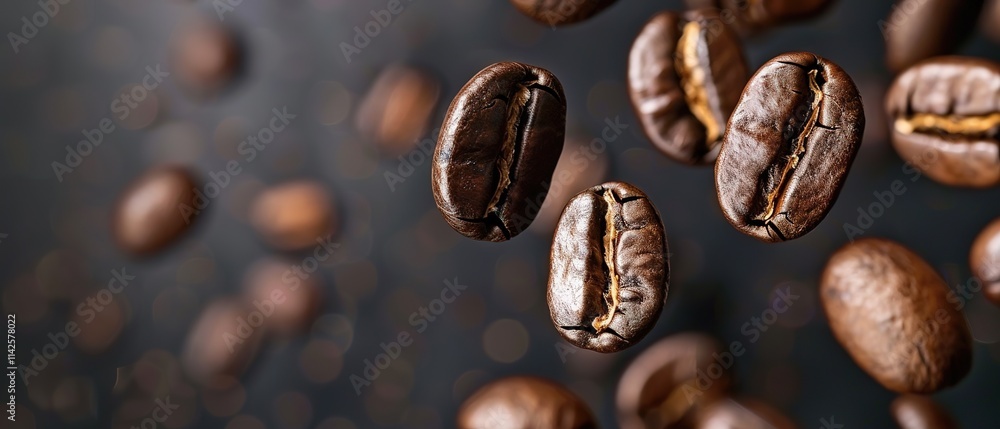 Fototapeta premium Roasted coffee beans falling against dark backdrop