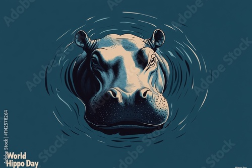 Artistic illustration of a hippo submerged in water celebrating world hippo day photo