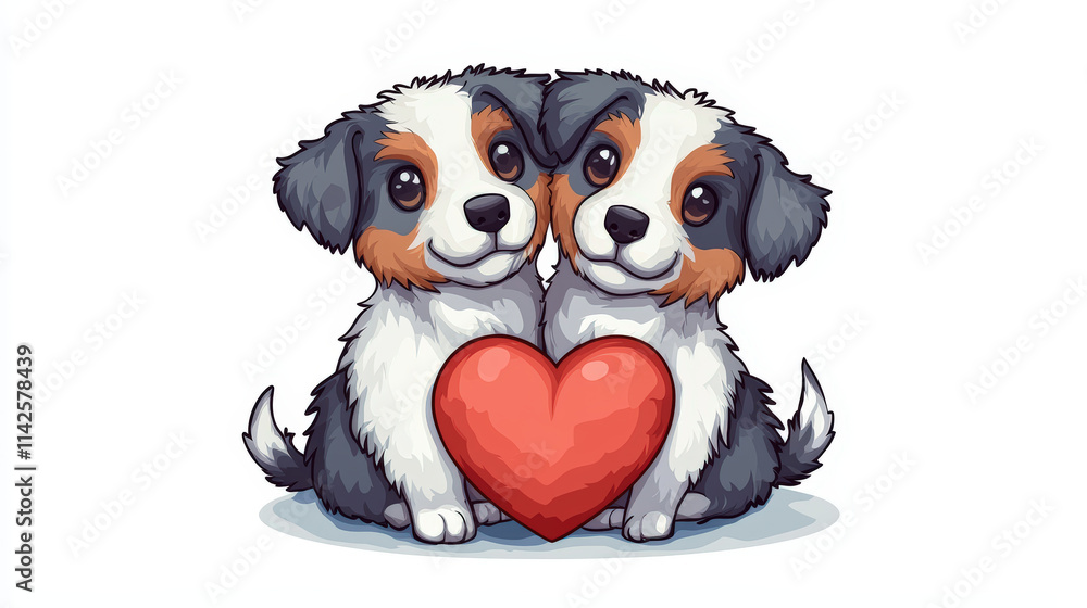 Fototapeta premium Two puppies cuddling with red heart between them