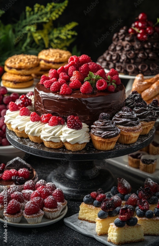 Colorful Pastries and Cakes Display in Elegant Bakery with Dark Chocolate Bonnets Colorful Pastries and Cakes Display in Elegant Bakery with Dark Chocolate Bonnets