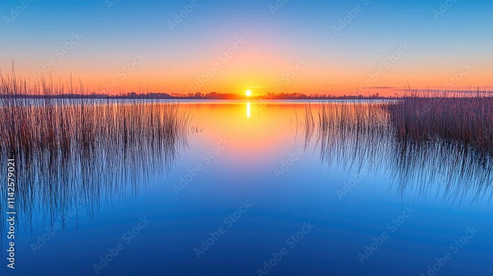 Serene lake sunrise with reeds and vibrant colors reflecting on water Serene lake sunrise with reeds and vibrant colors reflecting on water