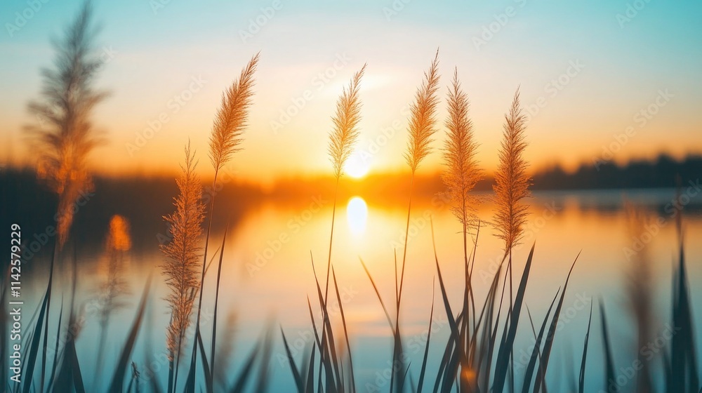 Fototapeta premium Serene sunset over lakeside with tall grass silhouettes