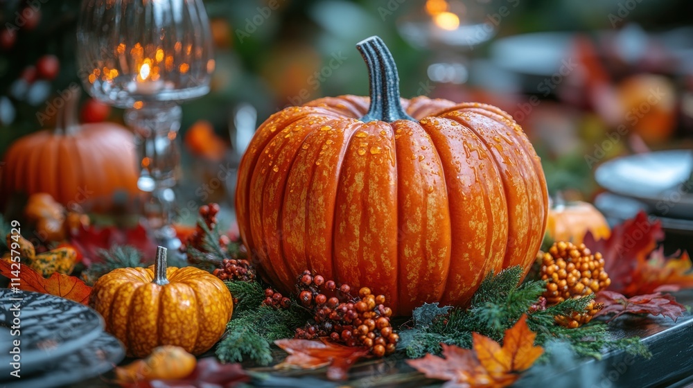 Vibrant autumn centerpiece with pumpkins and foliage. Vibrant autumn centerpiece with pumpkins and foliage.