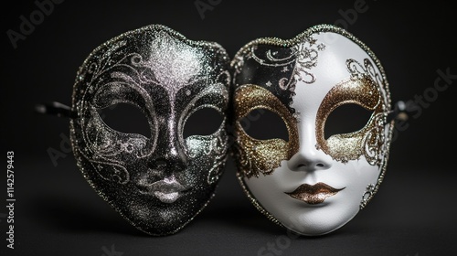 Elegant black and white masquerade masks with intricate glitter designs photo