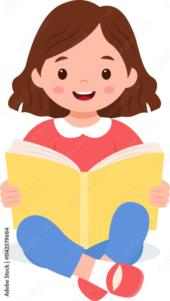 Happy cute girl is holding open book and reading. Knowledge and education concept.Vector illustration Happy cute girl is holding open book and reading. Knowledge and education concept.Vector illustration