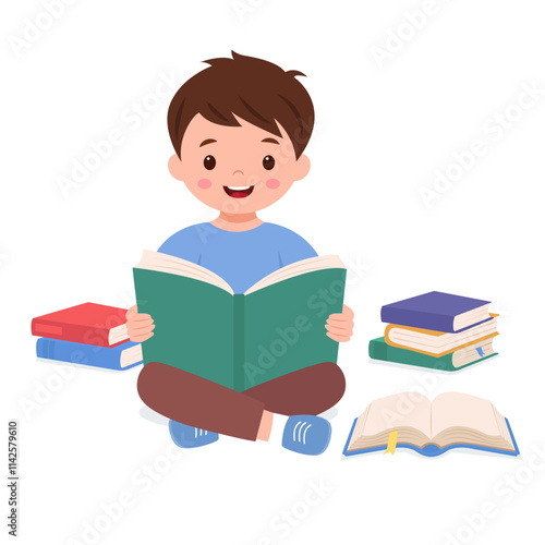 Happy cute girl is holding open book and reading. Knowledge and education concept.Vector illustration