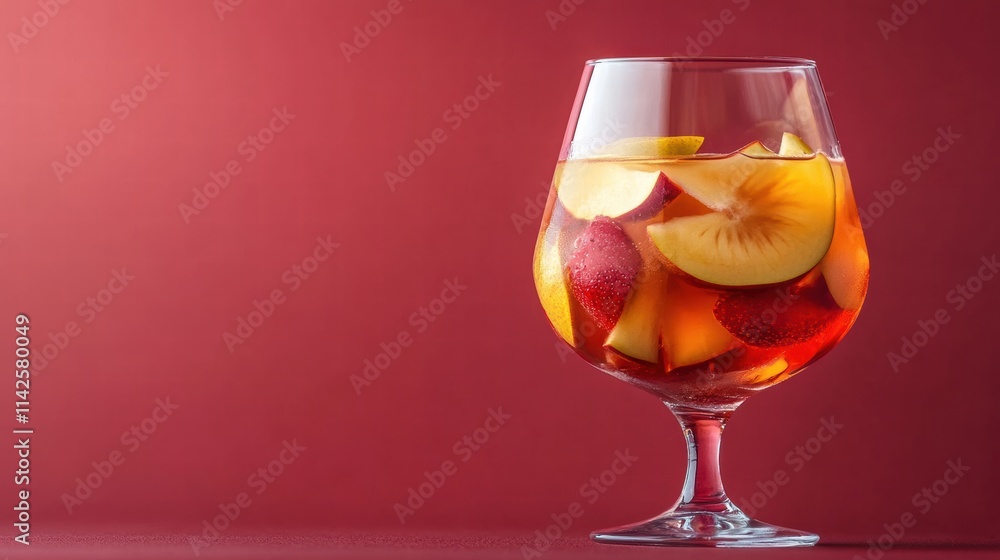 A glass of sangria with fruit slices visible on a pastel red background A glass of sangria with fruit slices visible on a pastel red background