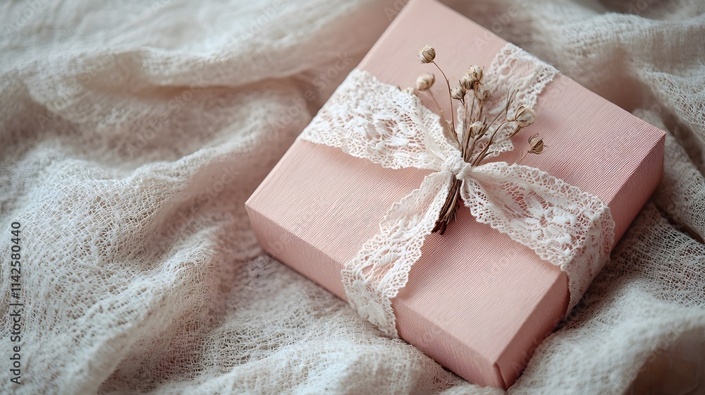 Elegant Pastel Pink Gift Box with Lace Ribbon and Dried Flowers Elegant Pastel Pink Gift Box with Lace Ribbon and Dried Flowers